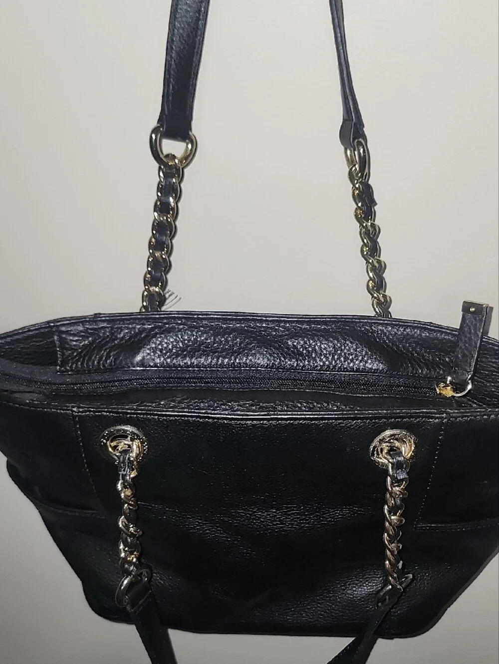 EUC Calvin Klein Black Pebbled Leather Tote Gold Chain Strap Whimsigoth Designer